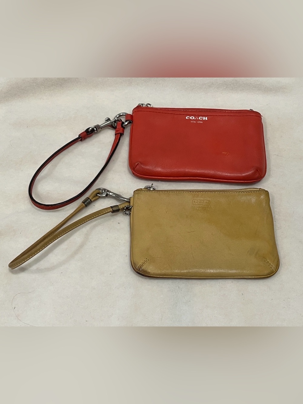 Coach Red Leather Wristlet with Tan Vintage Leather Wristlet Duo